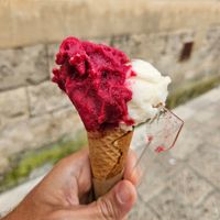 Hibiscus and pear icecreams. at I Vizi Degli Angeli in Matera