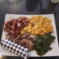 "vegan plate" spinach,  mushroom, scrambled tofu, potatoes, tortillas at Lazy Hippo at The Whiskey House in San Diego