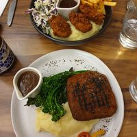Grilled Seitan with mash veg n gravy, CFC with Coleslaw n mash at Yavanna in Paddington