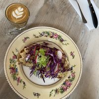 Chickpea Toast with oat milk Cortado  at Fiddlehead Fern Cafe in St Louis