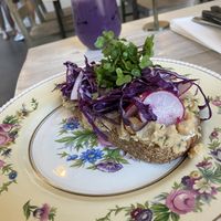 Chickpea toast with tea latte  at Fiddlehead Fern Cafe in St Louis