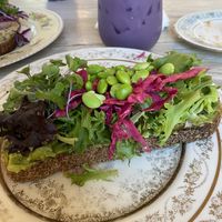 Avocado toast with tea latte  at Fiddlehead Fern Cafe in St Louis
