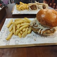 Lentil burger with fries at Luz y Sal in Cuenca