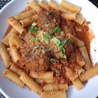 Vegan meatball riggies (Impossible) at Pastabilities in Syracuse