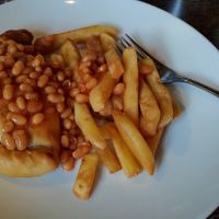 Meatless Cornish Pasty with chips and beans at The Pierhead Tavern in Isle Of Arran