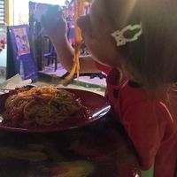 Picky 7 years old enjoys her food!!! The Best Spaghetti Ever she claimed.  at Mad Irie in Crete