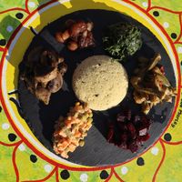 Mushrooms, spinach, okra, beets, vegetable vegan Mayo salad, onions, couscous   at Mad Irie in Crete