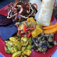 Zucchini, veggie burger, beets, eggplant, bell peppers  at Mad Irie in Crete