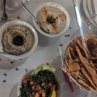 Hommos, Baba ghannouj, Tabouleh, Pita bread at Dunyazad in Balwyn North