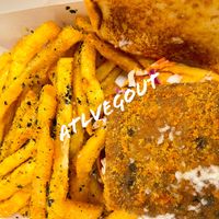 Tofu patty sandwich with fries   at Ponko Chicken in Atlanta