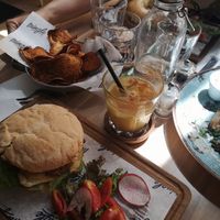 pulled jackfruit burger, sweet potatoes and turmeric latte at Mingle Cafe in Larnaca