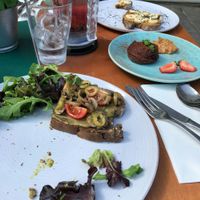 Vegan toast, vegan lava cake, peanut butter and banana toast at Noshi Coffee in Porto