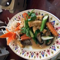 Tao Hu Phad Hed Hom; Stir fried bean curd, shiitake mushroom,asparagus,carrot, spring onion, light gravy sauce.  at Thai Emerald in Evesham
