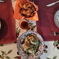 Avocado with vegan mayonnaise and fried cauliflower with spicy dipping sauce at Meson Mudejar in Archez