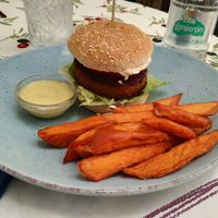 The Beyond Burger with sweet potato fries at Meson Mudejar in Archez