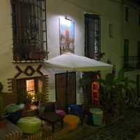 Main facade on night time at Meson Mudejar in Archez