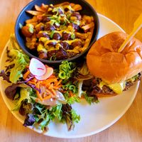 Hemp burger with Poutine at Lola Rosa - Places des Festivals in Montreal