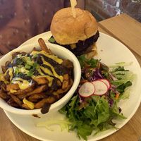 Burger and poutine  at Lola Rosa - Places des Festivals in Montreal