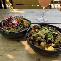 Poutine and garden salad!  at Lola Rosa - Places des Festivals in Montreal