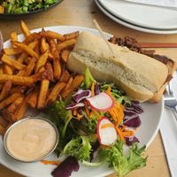 Cheese steak (no pretzel left 😞 ) at Lola Rosa - Places des Festivals in Montreal