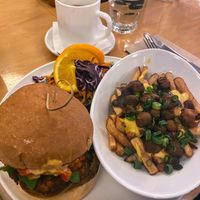 Hemp burger and poutine  at Lola Rosa - Places des Festivals in Montreal