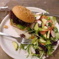 Their tofu burger, after the first bites (I was hungry). at Ezitis Migla - Aldaru in Riga