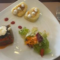 first dish

small salad, aubergine-tomato-vegancheese and little potato cake at Amaranta in Girona