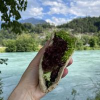 Asian style BBQ vegan pulled pork, Spring Onions, Lettuce, Cucumber and Sesame seeds CHF 14.50.- at Velo Cafe in Interlaken