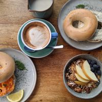 Cappuccino, bagels, granola at Velo Cafe in Interlaken