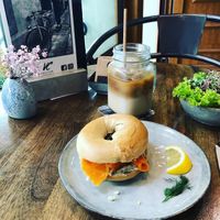 Carrot salmon bagel and iced latte  at Velo Cafe in Interlaken