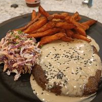 Seitan steak with coleslaw and sweet potato fries at The Green Affair - Saldanha in Lisbon