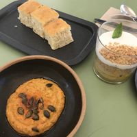 Homemade focaccia, hummus and cold crumble   at The Green Affair - Saldanha in Lisbon