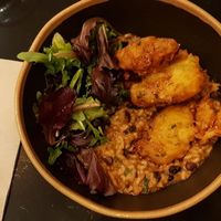 Pataniscas de alho francês e grão com arroz de feijão at The Green Affair - Saldanha in Lisbon