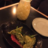 Gyosas with beetroot hummus. at The Green Affair - Saldanha in Lisbon