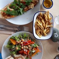Salad and toast, with fries. at Jubilee Pool Cafe in Penzance