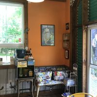 Cafe entrance and takeaway cooler at El El Frijoles in Sargentville