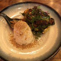 Tamari tempeh with spicy Thai chilli soy sauce and vegetables with coconut rice at Nevedya in Upwey