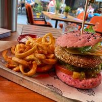 Vegan burger with curly fries  at Pistache in Valkenburg