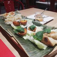 2nd of 5 set menu courses - spring and summer rolls, veg dumplings and mushroom somethingorothers at Kiu Nam in Barcelona