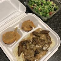 Sausages with mashed potatoes and superfood salad at FGF VEGAN - Famous Good Food in Oshawa