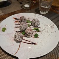 Vegan coconut and chocolate truffles   at Da Vinci Italian Restaurant in Aberdeen