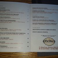 Standard vegan menu at Da Vinci Italian Restaurant in Aberdeen