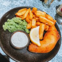 Vegan fish (banana blossom) & chips, mushy peas  at Lifeboat Inn in St Ives