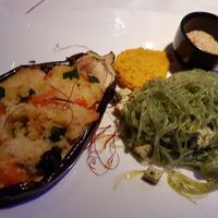 Soya noodles main course with stuffed eggplant at RossoVivo Primaluna in Malcesine