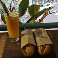 Vegan banh mi with tofu on the left and vegetarian with egg and avo on the righ at Banh Mi 25 in Hanoi