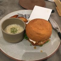 Burger Set which include soup and small portion of potatoes at Vegimo 野菜食堂 in Hiroshima