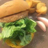 Burger and potato wedges at Vegimo 野菜食堂 in Hiroshima