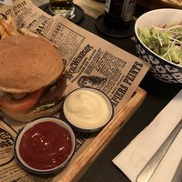 Classic vegan burger, sweet potatoes fries and side salad  at The Hungry Wolf in Koh Samui