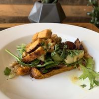Chickpea Tofu BacUn, grapes, apples, walnuts, green onions and greens on a savory waffle!! Waffle Wednesday. It’s a thing! at Grounded in Stratford