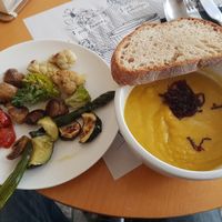 Pumpkin soup, salad from the salad bar. Great flavors !! at Bazilika Bistro in Ljubljana